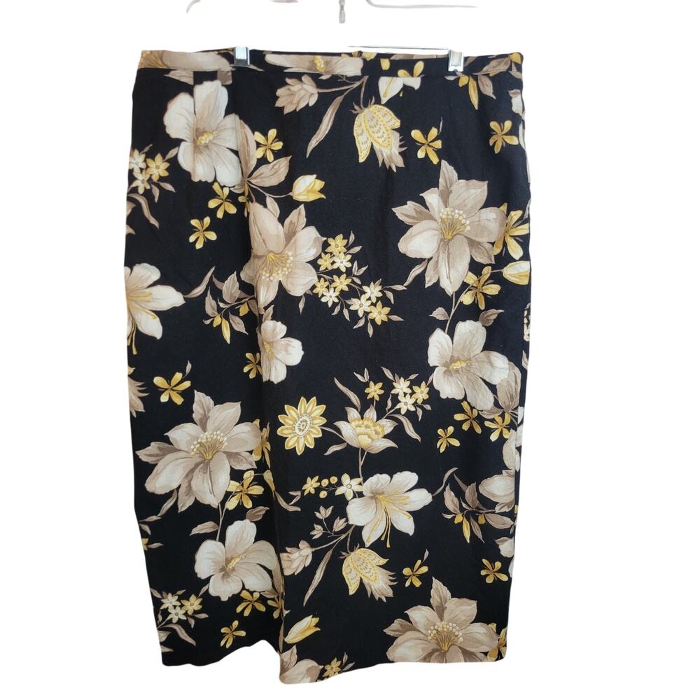 Alfred Dunner Midi Straight Skirt Black & Tan Floral Linen Blend Women's Size 18